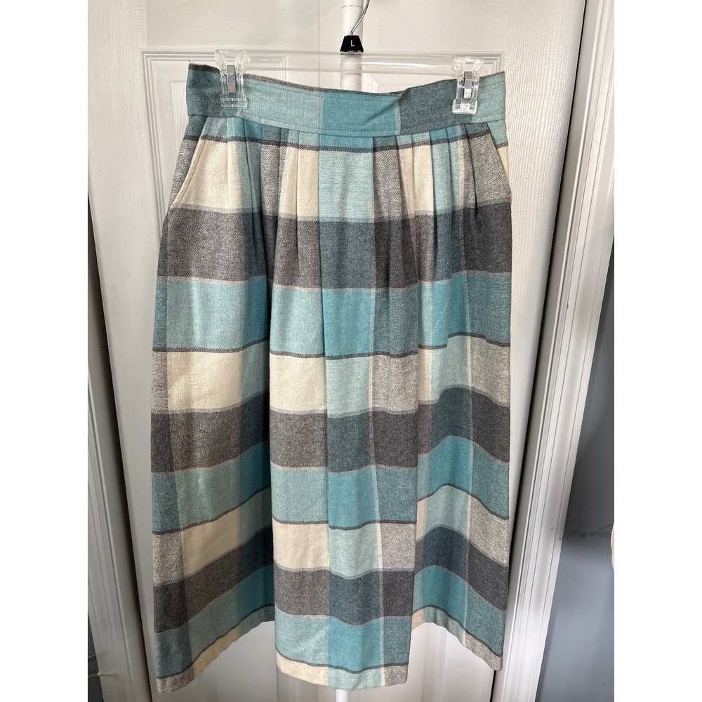 Vintage Plaid Midi Skirt Teal Grey Wool Blend Pleated High Waist Pockets Large